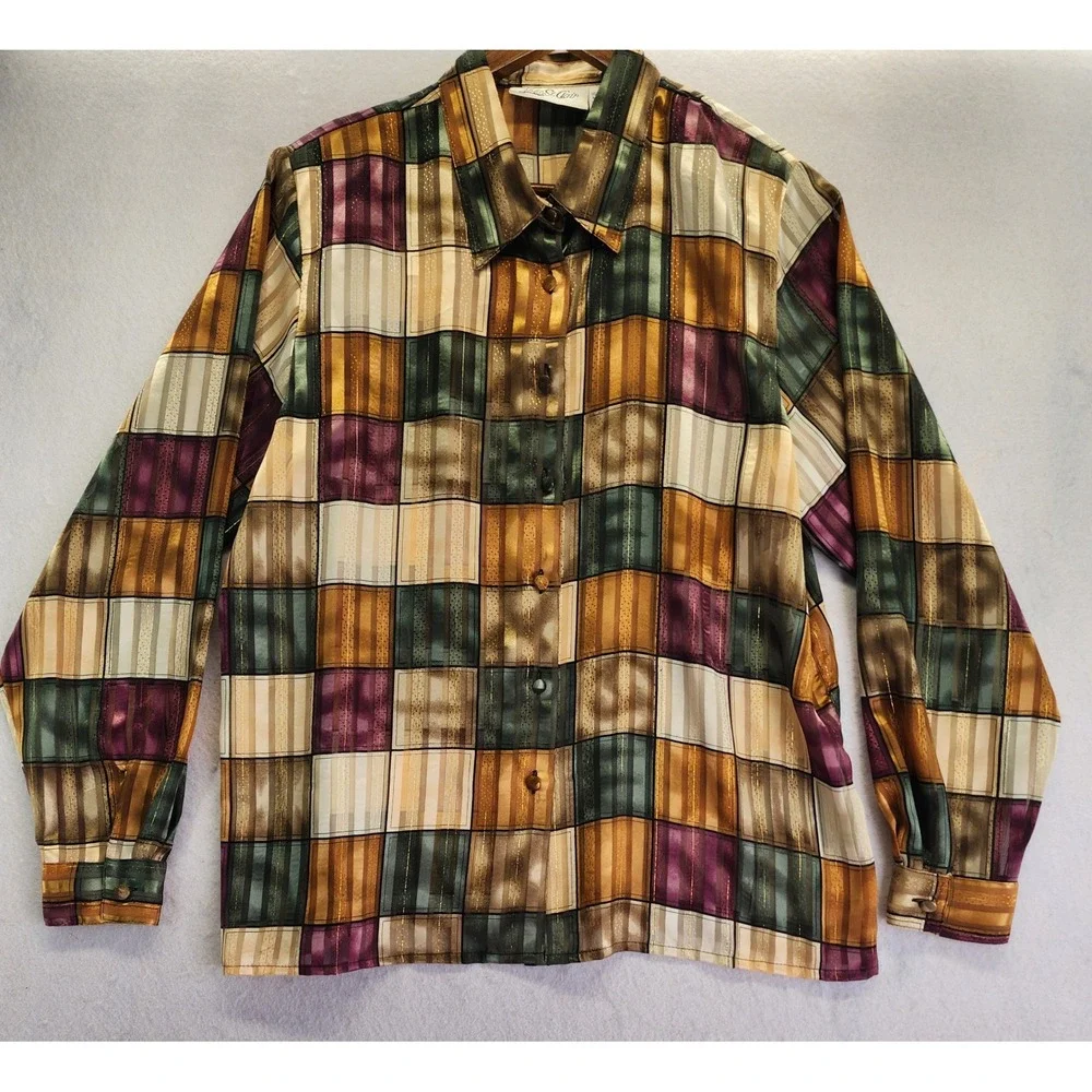 Yves St Clair Vintage Geometric Patchwork Metallic Lurex Button Down Shirt 16